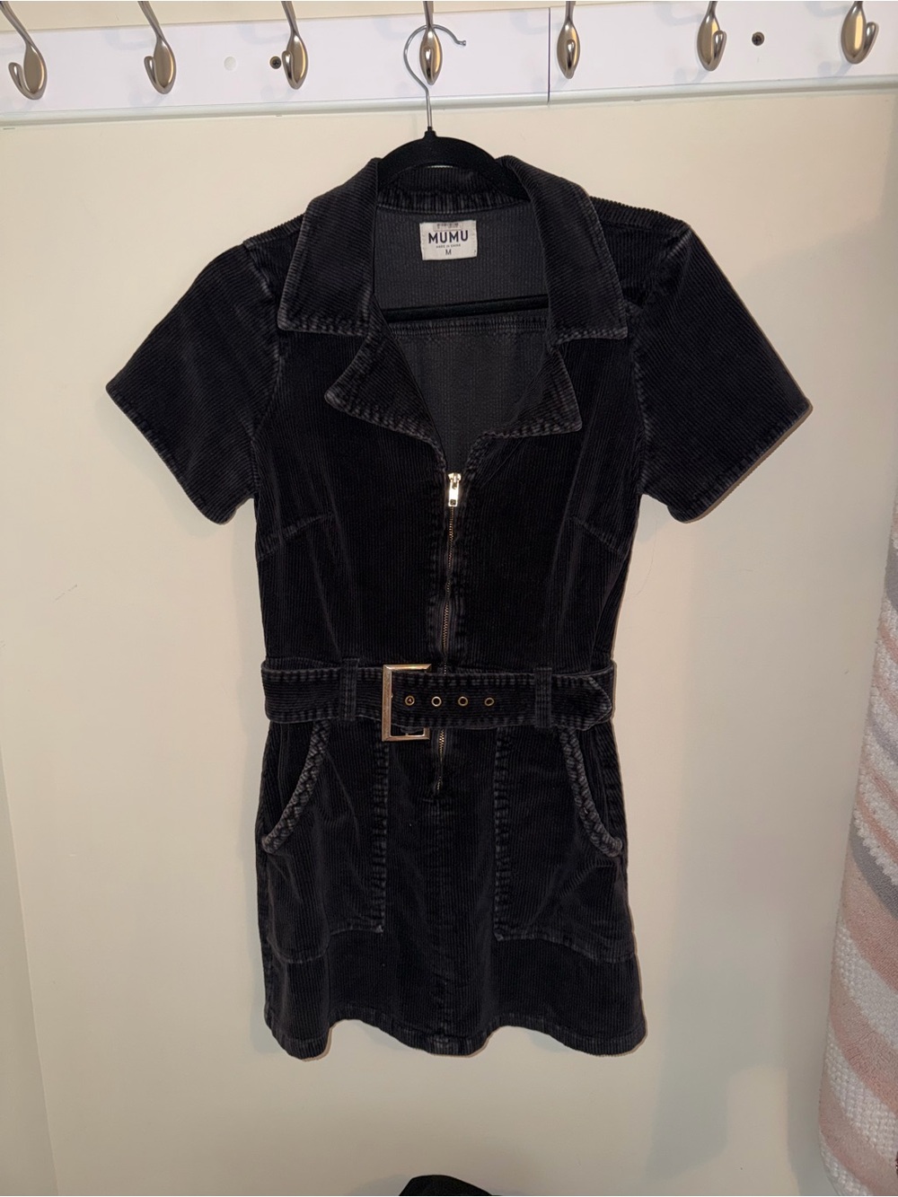 Show Me Your MuMu Black Corduroy Zip-Front Mini Dress with Belt